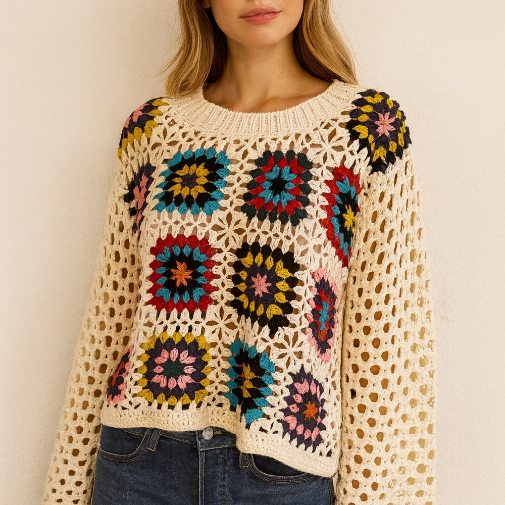 LUNA IVY Multicolor Crochet Granny Square Sweater